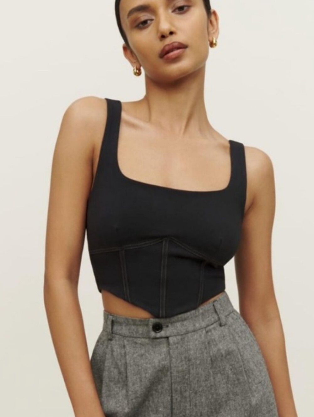 Reformation Black Square-Neck Cropped Corset Tank Top